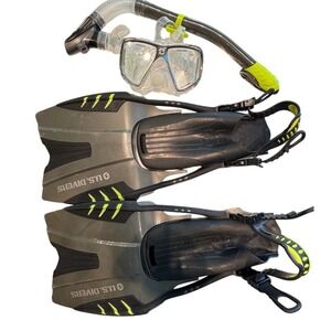 US Divers Snorkel Set Mask Fins Snorkel Mesh Bag Grey Neon Yellow L/XL 9-13